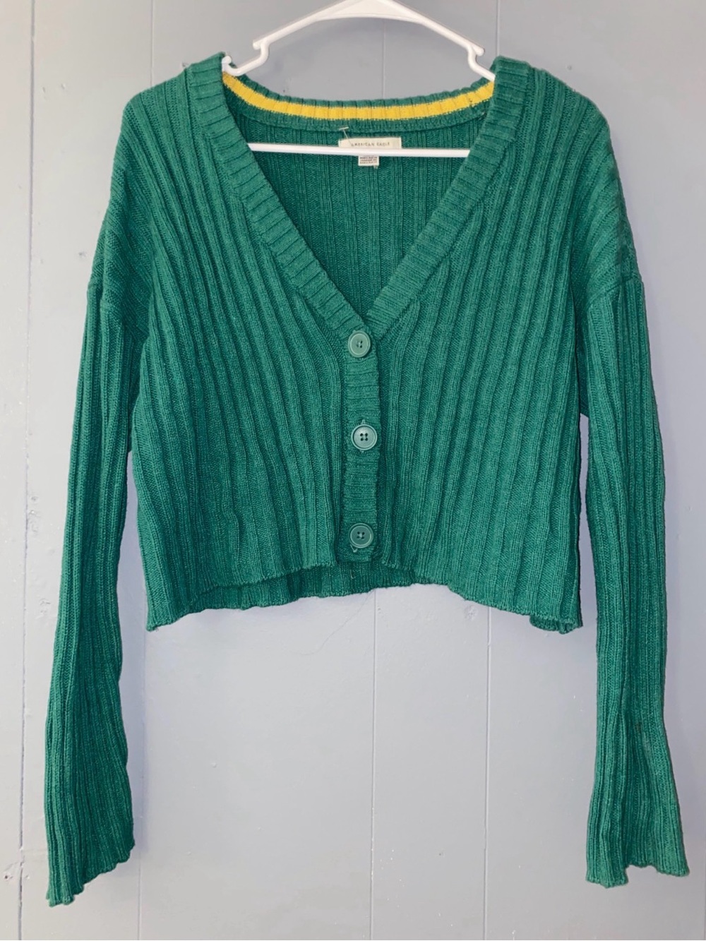 American Eagle XS Green Cropped Oversized Ribbed Cardigan Varsity Sweater